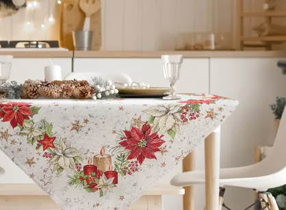 Obrus świąteczny 140x180 1270 gobelinowy naturalny z z wzorem gwiazdy betlejemskiej