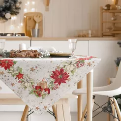 Obrus świąteczny 140x180 1270 gobelinowy naturalny z z wzorem gwiazdy betlejemskiej