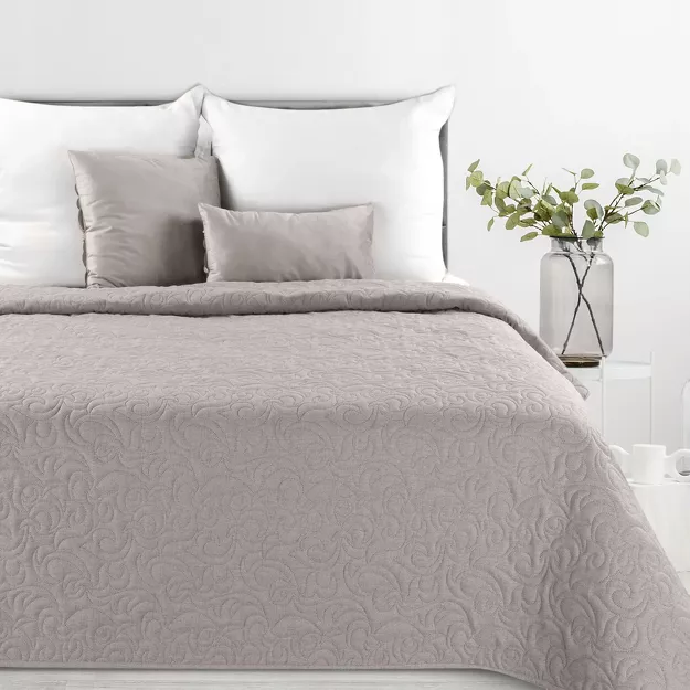 Narzuta jednokolorowa 220x240 LEN 4 popielata pikowana w ornamentowy wzór imitująca len