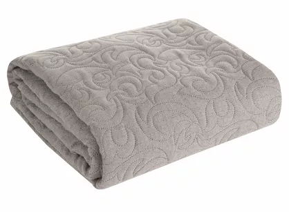 Narzuta jednokolorowa 220x240 LEN 4 popielata pikowana w ornamentowy wzór imitująca len