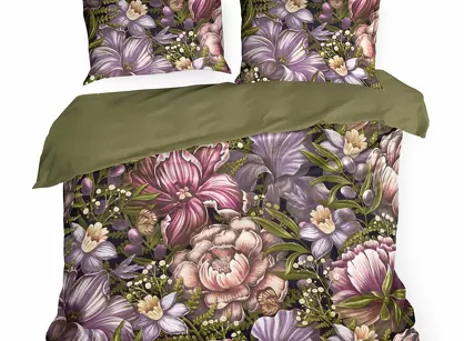 Pościel satynowa 220x200 NIKA 45 zielona z wyrazistym wzorem kwiatów z kolekcji Nova Print