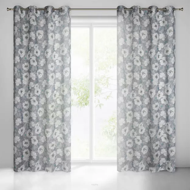 Zasłona na przelotkach 140x250 FABIA popielata o strukturze płótna z nadrukiem białych kwiatów