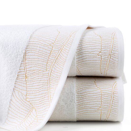 Ręcznik bawełniany 50x90 METALIC biały z bordiurą z wzorem liści bananowca i złotą nicią