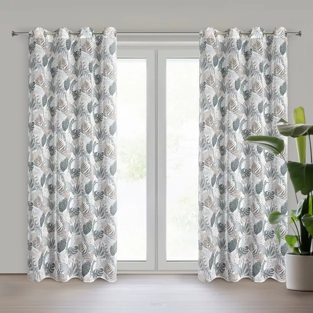 Zasłona na przelotkach 140x250 AMELA biała z etaminy z nadrukiem zielonych liści