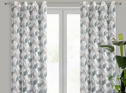 Zasłona na przelotkach 140x250 AMELA biała z etaminy z nadrukiem zielonych liści