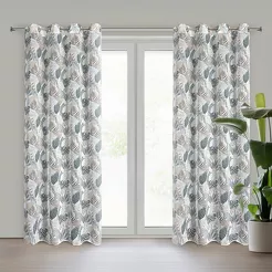 Zasłona gotowa na przelotkach 140x250 AMELA biała z etaminy z nadrukiem zielonych liści