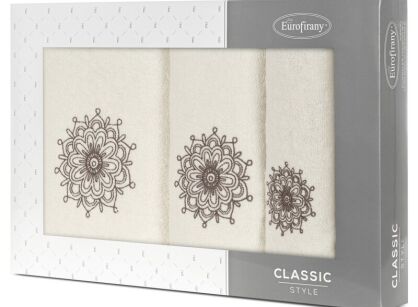 Komplet ręczników 3 szt. ROSETTE biały z haftowanym grafitowym wzorem rozety w kartonowym pudełku