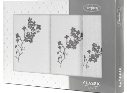 Komplet ręczników 3 szt. BLOSSOM białe z haftowanym grafitowym wzorem kwiatowym w kartonowym pudełku