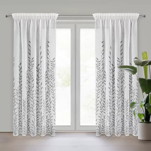 Zasłona na taśmie 140x270 GLORI biała z etaminy z delikatnymi stalowymi listkami