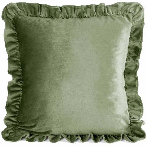 Poszewka welwetowa 45x45 jednokolorowa BRENDA 1 oliwkowa z falbanami