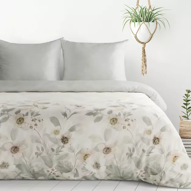 Pościel z mikrowłókna 220x200 AGGIE biała srebrna wzór kwiatowy Design 91