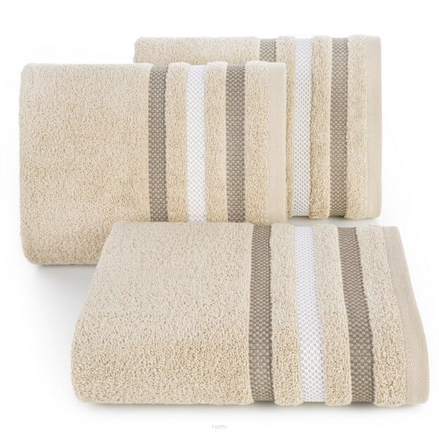 Ręcznik bawełniany 30x50 GRACJA beżowy z welurową bordiurą w 3 pasy z dodatkiem lśniącej nici