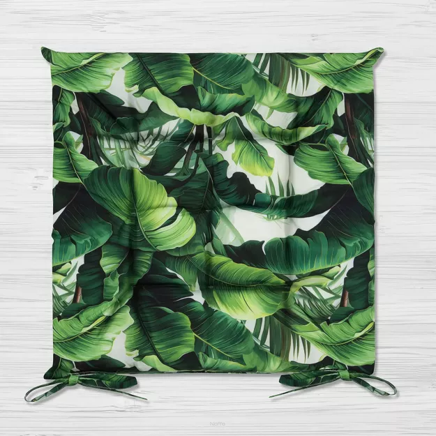 Poduszka 40x40x5 GARDEN zielona wzór liści siedzisko na krzesło pikowana z troczkami wodoodporna