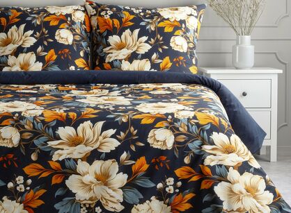 Pościel bawełniana 140x200 FIORA granatowa pomarańczowa z wzorem kwiatowym z kolekcji Classic