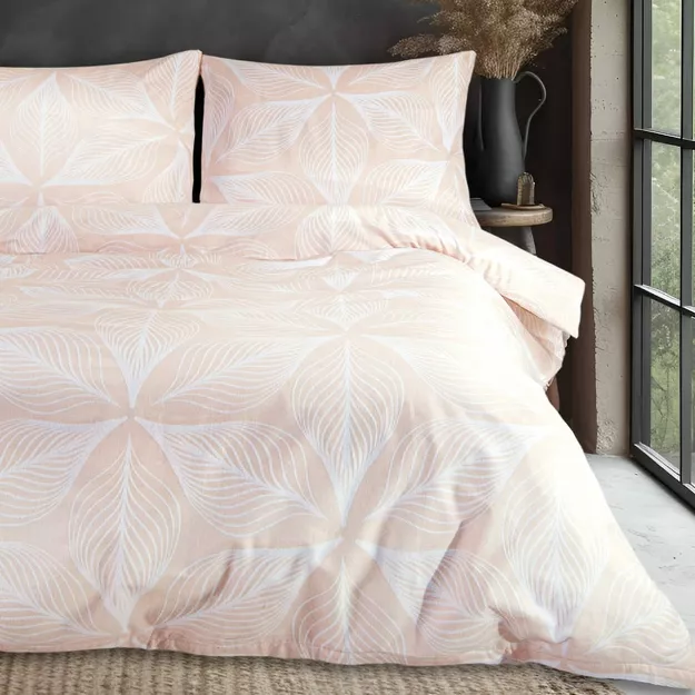 Pościel flanelowa 140x200 31506/1 różowa w białe liście