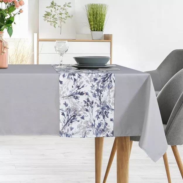 Obrus 140x260 z bieżnikiem 33x260 ANITA 3 jasny szary z kontrastowym wzorem botanicznym