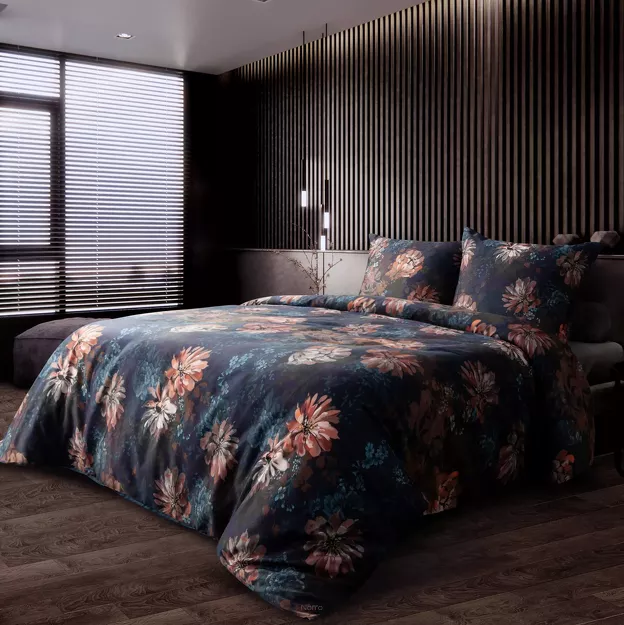 Pościel z makosatyny 160x200 REINA 50 ciemny granat wzór rudych kwiatów Reina Line