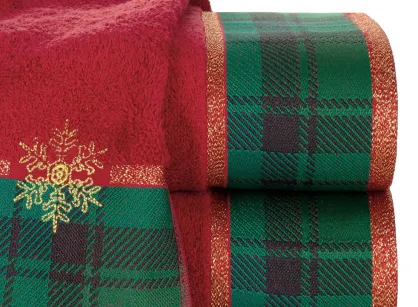 Ręcznik świąteczny 70x140 CHERRY 1B ciemna czerwień z bordiurą w kratkę i wyhaftowaną gwiazdką złotą