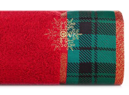Ręcznik świąteczny 70x140 CHERRY 1B ciemna czerwień z bordiurą w kratkę i wyhaftowaną gwiazdką złotą