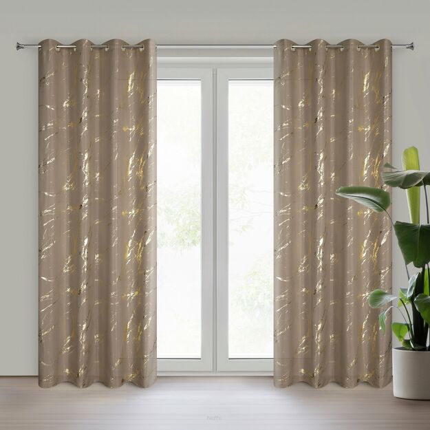 Zasłona na przelotkach 140x250 LANI ciemny beż z mikrofibry z błyszczącym złotym nadrukiem marmurku