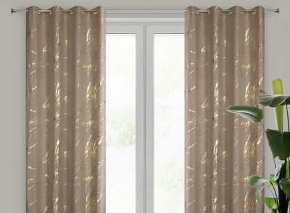 Zasłona na przelotkach 140x250 LANI ciemny beż z mikrofibry z błyszczącym złotym nadrukiem marmurku