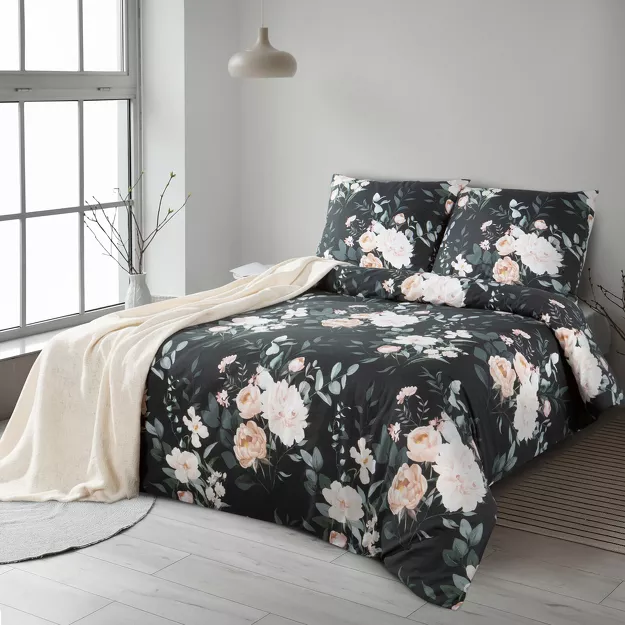 Pościel bawełniana 160x200 ROSSA czarna z wzorem róż z kolekcji Classic