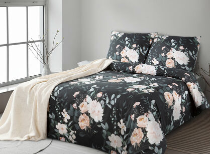 Pościel bawełniana 160x200 ROSSA czarna z wzorem róż z kolekcji Classic
