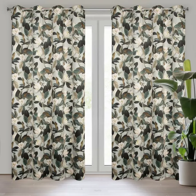 Zasłona na przelotkach 140x250 ELENI welwetowa oliwkowa z wzorem liści kwiatów i ptaków