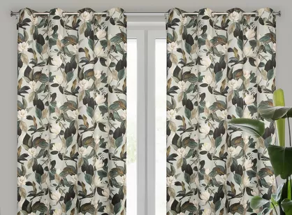 Zasłona na przelotkach 140x250 ELENI welwetowa oliwkowa z wzorem liści kwiatów i ptaków