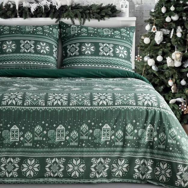 Pościel świąteczna 220x200 CLOVER ciemno zielona biała wzór świąteczny z bawełny renforce