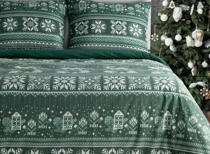 Pościel świąteczna 220x200 CLOVER ciemno zielona biała wzór świąteczny z bawełny renforce