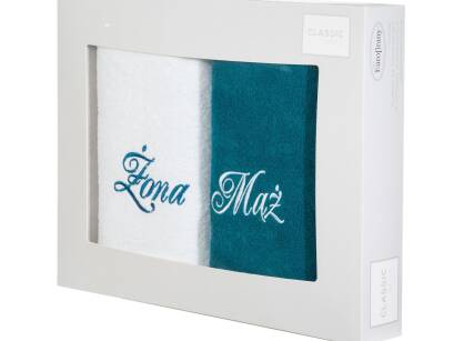 Komplet ręczników 2x50x90 MĄŻ ŻONA białe ciemny turkus haftowane w kartonowym pudełku