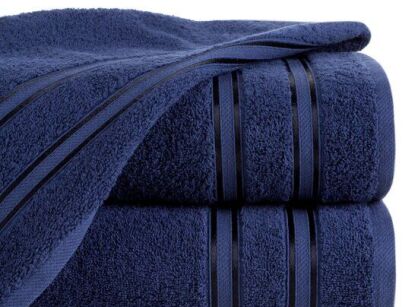Ręcznik bawełniany 50x90 MANOLA niebieski z żakardową połyskującą bordiurą w paski