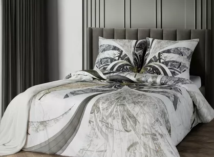 Pościel z makosatyny 220x200 STELIA Eva Minge beżowa biała designerski wzór