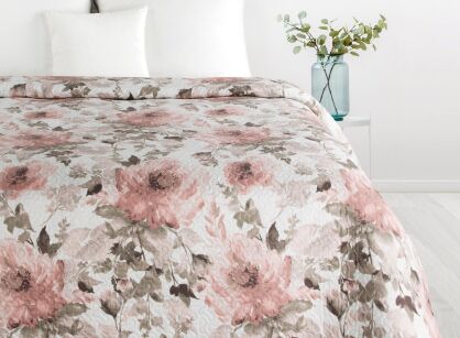 Narzuta pikowana 200x220 FLOWER 1 biała z wzorem różowych róż i stalowych liści z kolekcji Design 91