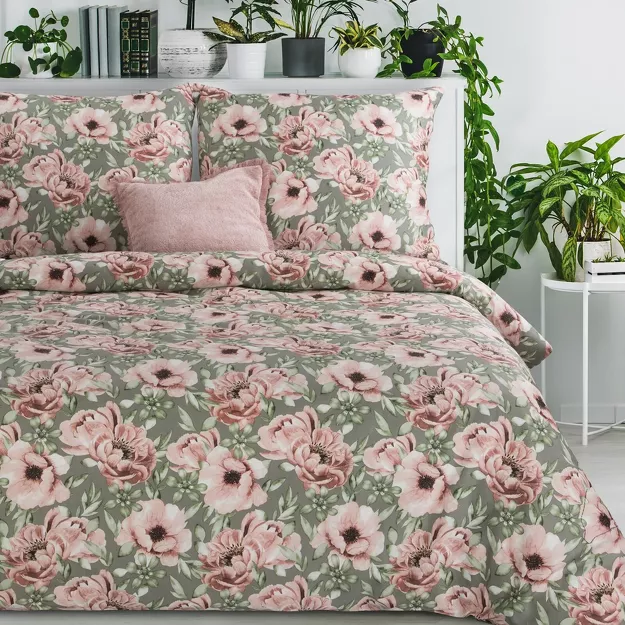 Pościel satynowa 140x200 SPRING 53 stalowa w różowy wzór kwiatów