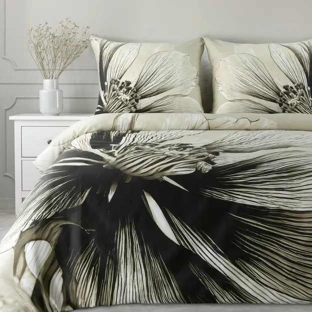 Pościel satynowa 160x200 SPRING 78 jasny beż brąz z wzorem roślinnym z kolekcji Classic