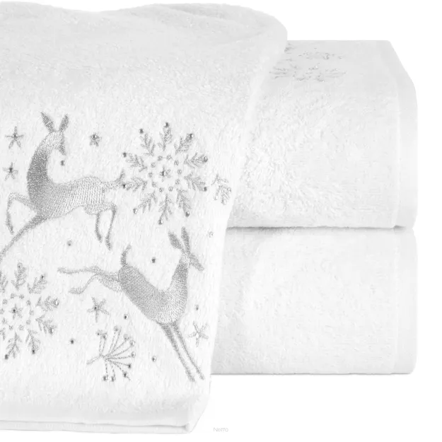 Ręcznik świąteczny 70x140 SANTA 14 biały w gwiazdki i jelonki srebrne