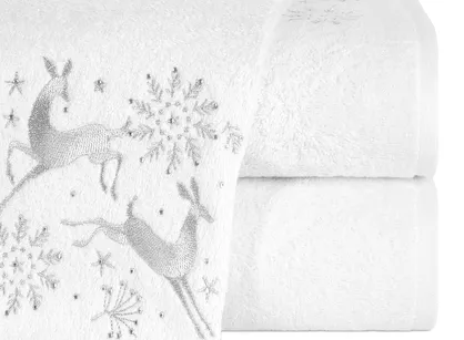 Ręcznik świąteczny 70x140 SANTA 14 biały w gwiazdki i jelonki srebrne