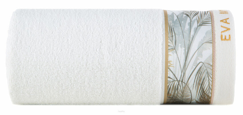 Ręcznik 30x50 EVA 17 Eva Minge biały zdobiony bordiurą z botanicznym wzorem w liście z kolekcji Premium 500 g/m2