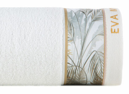 Ręcznik 30x50 EVA 17 Eva Minge biały zdobiony bordiurą z botanicznym wzorem w liście z kolekcji Premium 500 g/m2