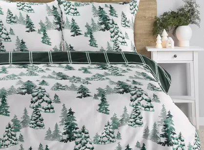 Pościel świąteczna 140x200 WINTER biała ciemna zieleń choinki z satyny bawełnianej
