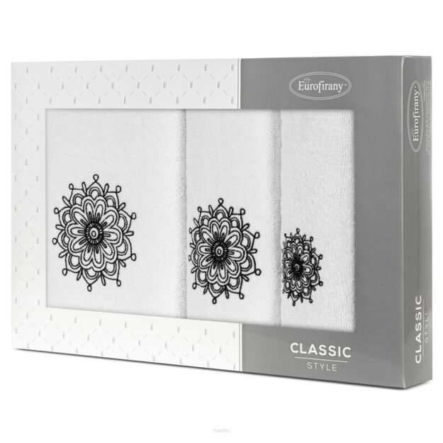 Komplet ręczników 3 szt. ROSETTE biały z haftowanym czarnym wzorem rozety w kartonowym pudełku