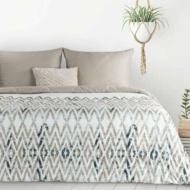 Pościel z mikrowłókna 220x200 VERANO 4 biała jasny brąz wzór geometryczny Design 91