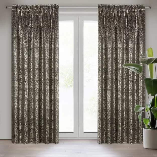 Zasłona na taśmie 135x270 EBRU zaciemniająca czarna pokryta złotym nakrapianym nadrukiem