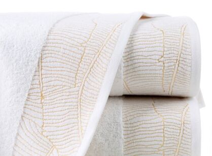 Ręcznik bawełniany 70x140 METALIC biały z bordiurą z wzorem liści bananowca i złotą nicią