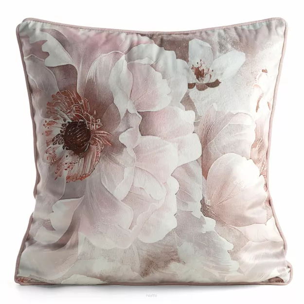 Poszewka welwetowa 45x45 FLORINA pudrowy róż nadruk kwiatowy obszyta lamówką