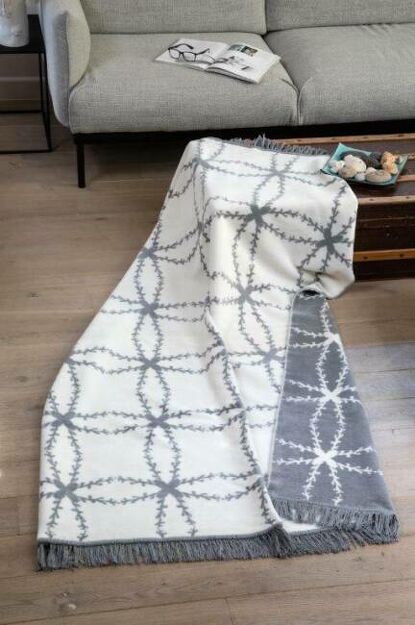 Koc bawełniany 150x200 1713-1 kremowy szary z frędzlami