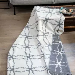 Koc bawełniany 150x200 1713-1 kremowy szary z frędzlami