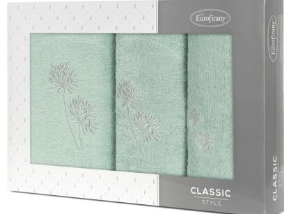 Komplet ręczników 3 szt. ACELIA miętowe z haftowanym srebrnym wzorem kwiatów facelii w kartonowym pudełku